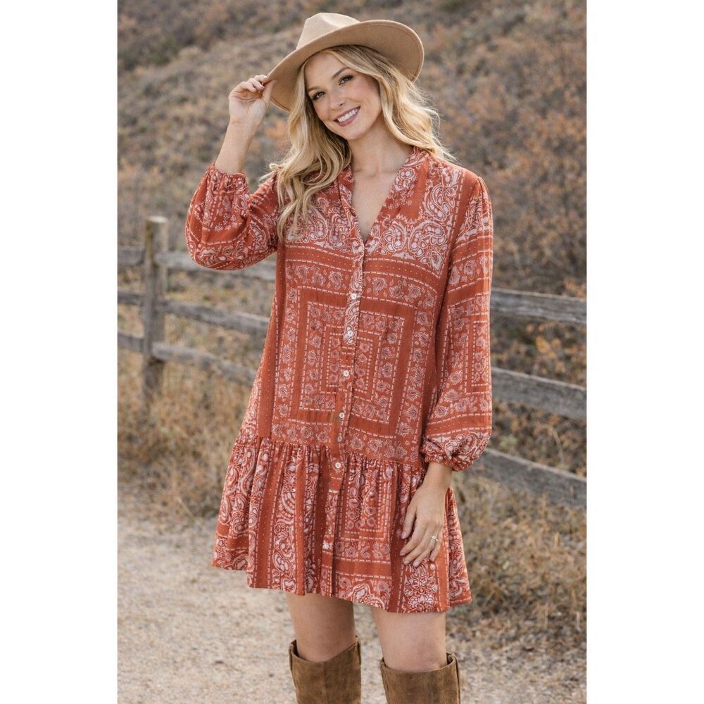 Dizzy Lizzy Boho Paisley Peplum Blouse Rust Print Button Top Women L